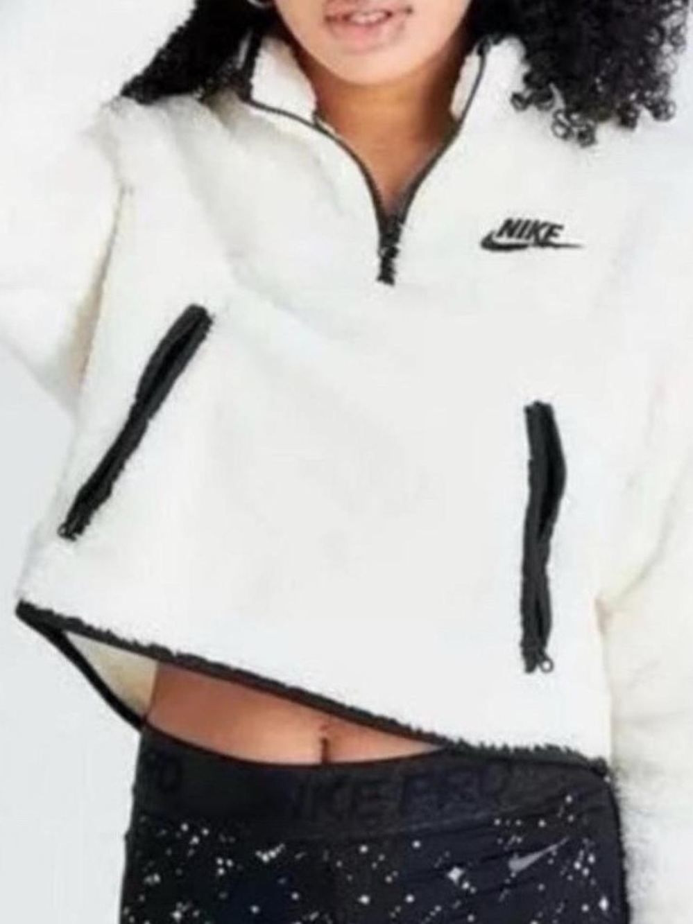 Nike Sz M Cream Sherpa Plush Fleece Quarter Zip Crop Pullover Black Logo & Trim - Picture 2 of 16